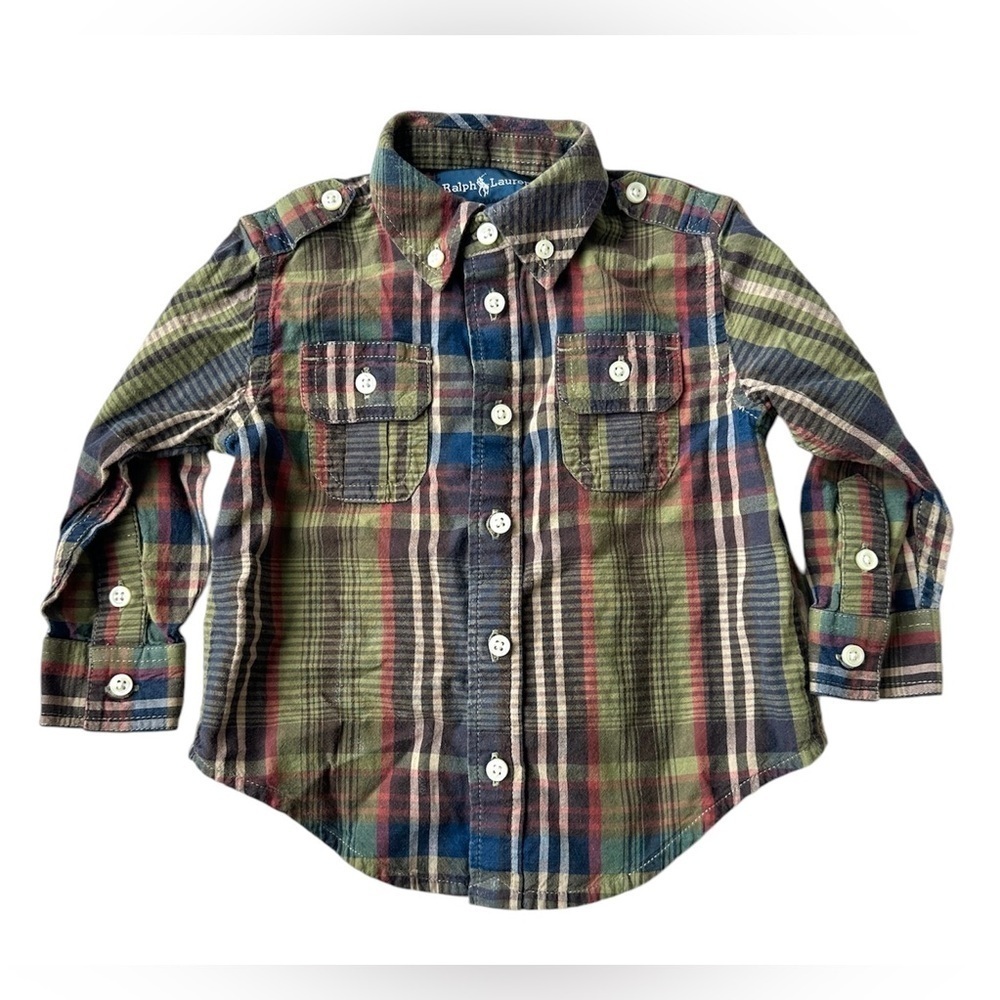 Ralph Lauren Green Blue Plaid Long Sleeve Button Up Collared Shirt Baby Boy 12M